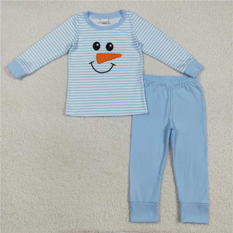 7.25 BLP1150 Christmas embroidered snowman smiley face blue striped long-sleeved trousers pajamas set