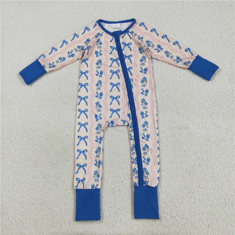 7.24  LR2327 Flower wave line blue bow pattern zipper long sleeve jumpsuit
