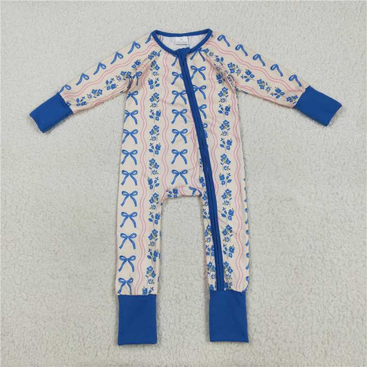 7.24  LR2327 Flower wave line blue bow pattern zipper long sleeve jumpsuit