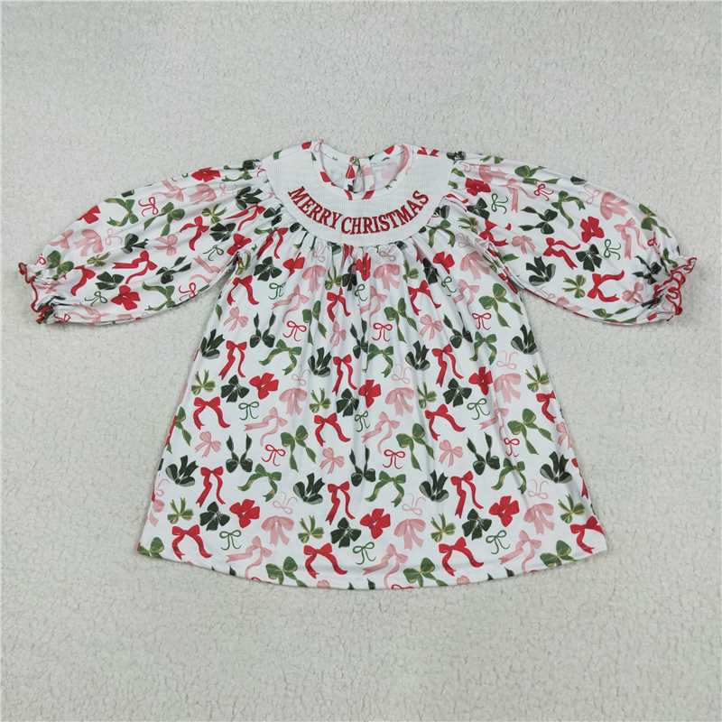X8.16  GLD1094 Smocked Merry Christmas white long-sleeved dress with embroidered Christmas bow pattern