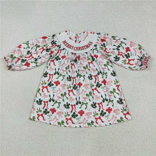 X8.16  GLD1094 Smocked Merry Christmas white long-sleeved dress with embroidered Christmas bow pattern