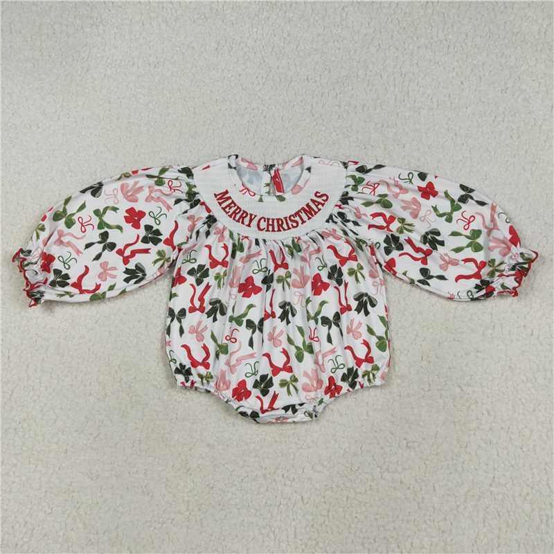 X8.18 LR2276 Smocked Merry Christmas embroidered Christmas bow pattern white long-sleeved bodysuit