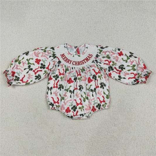 X8.18 LR2276 Smocked Merry Christmas embroidered Christmas bow pattern white long-sleeved bodysuit
