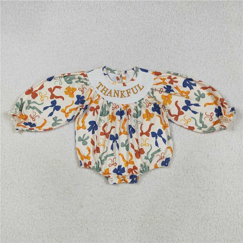 X8.18 LR2257 Smocked Thankfu embroidered bow pattern long-sleeved bodysuit