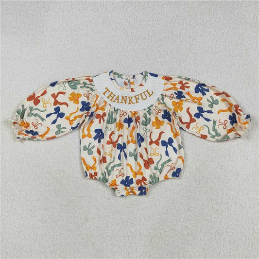 X8.18 LR2257 Smocked Thankfu embroidered bow pattern long-sleeved bodysuit