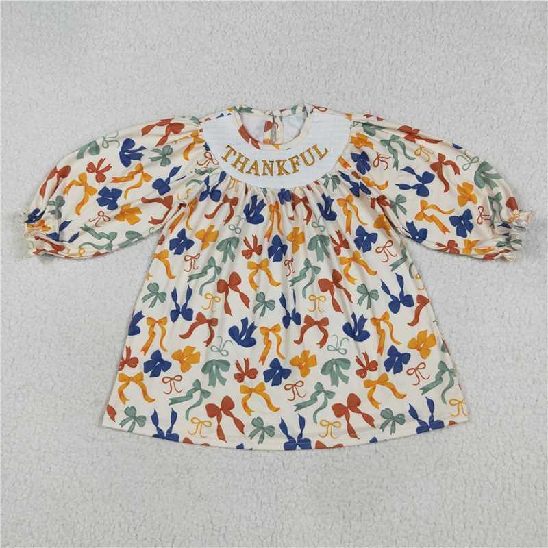 X8.16  GLD1086 Smocked Thankful Embroidered Bow Long-Sleeved Dress
