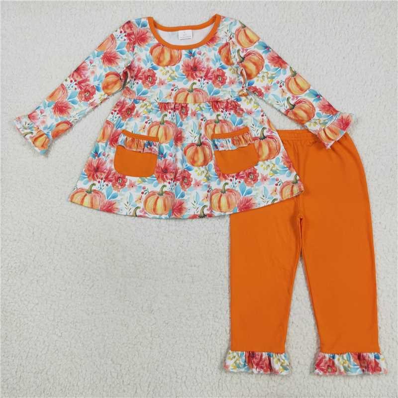 8.8  GLP2399 Pumpkin Blossom Lace Orange Pocket Long-Sleeved Pants Set