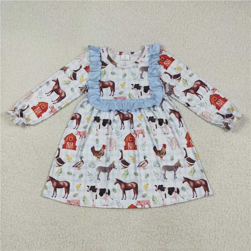 8.7  GLD1171 Farm Animal Red House Blue Lace Plaid Long Sleeve Dress