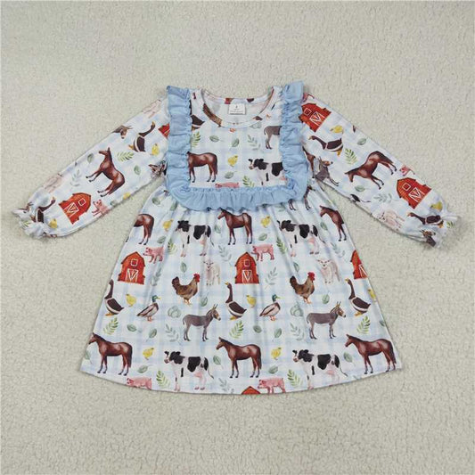 8.7  GLD1171 Farm Animal Red House Blue Lace Plaid Long Sleeve Dress