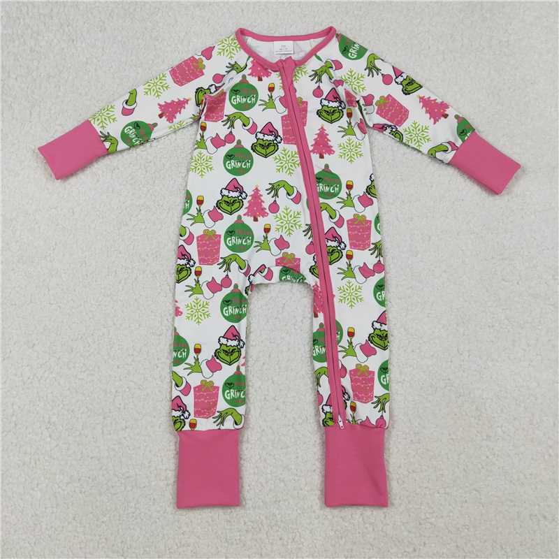 X107  LR2588 Grinch Christmas Tree Gift Snowflake Rose Red Zippered White Long-Sleeved Bodysuit