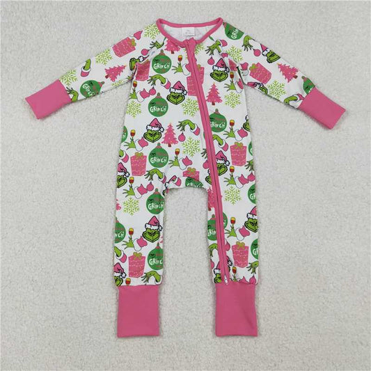 X107  LR2588 Grinch Christmas Tree Gift Snowflake Rose Red Zippered White Long-Sleeved Bodysuit