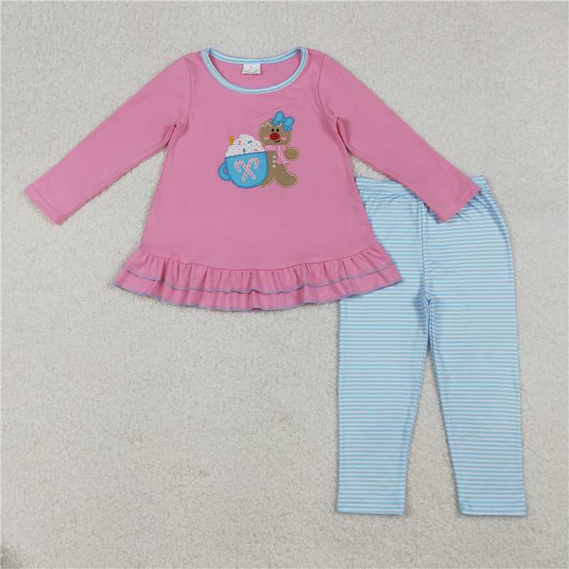 X109 GLP2467 Embroidered gingerbread man candy cane mug with pink lace and long sleeves and blue pants set
