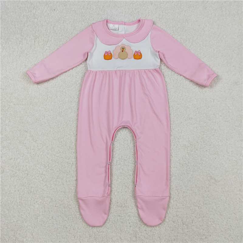 X108  LR2563 Embroidered Pumpkin and Turkey Pink Long-Sleeved Bodysuit