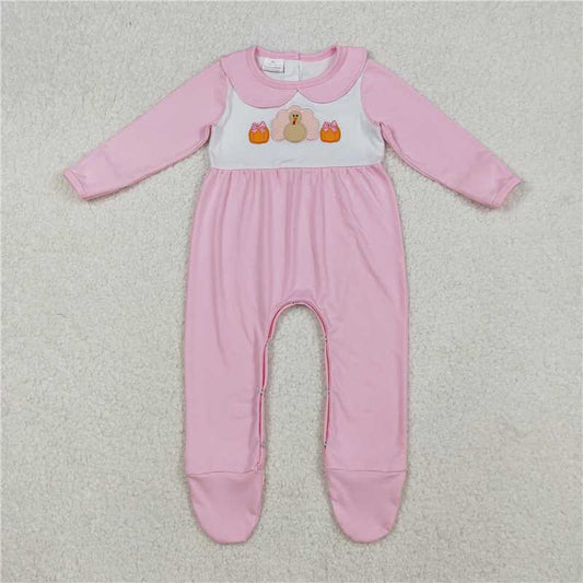 X108  LR2563 Embroidered Pumpkin and Turkey Pink Long-Sleeved Bodysuit