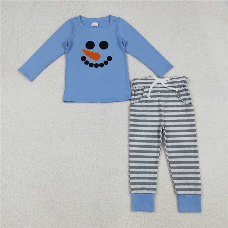 X10.11 BLP1231 Blue long-sleeved gray and white striped trouser suit with embroidered Christmas snowman smiley face