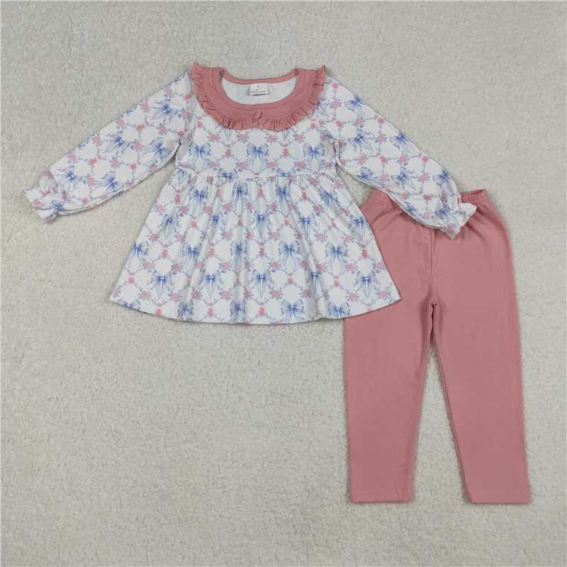 X106  GLP2774 Blue bow pattern, floral plaid, pink lace, long-sleeved pants set with a doll collar