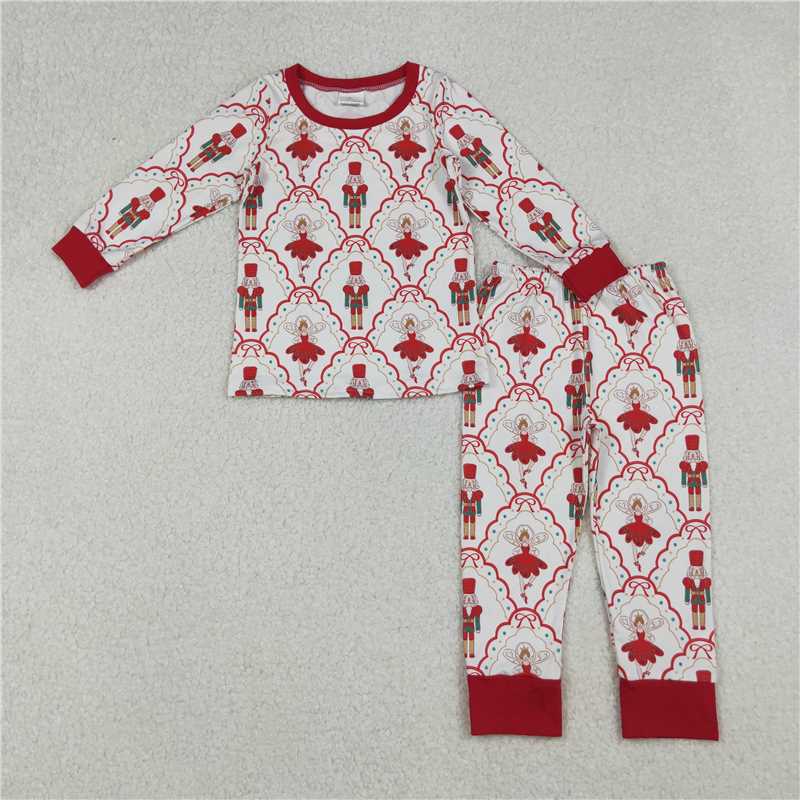 X108 GLP2808 Pink plaid long-sleeved trousers pajama set with a Nutcracker bow pattern