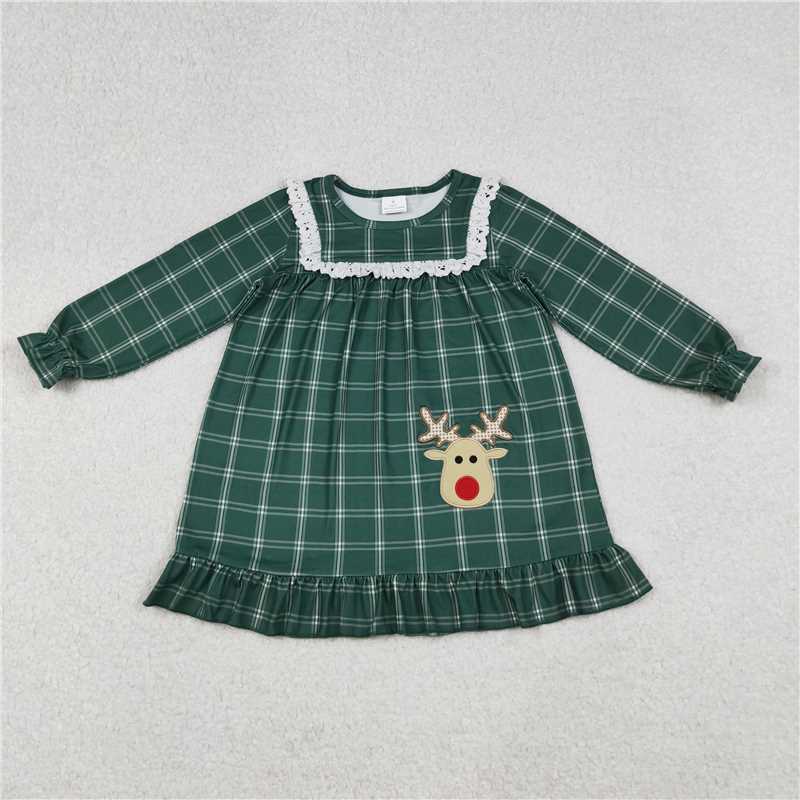 X107  GLD0561 Embroidered Christmas Reindeer Green Plaid Long-Sleeved Dress