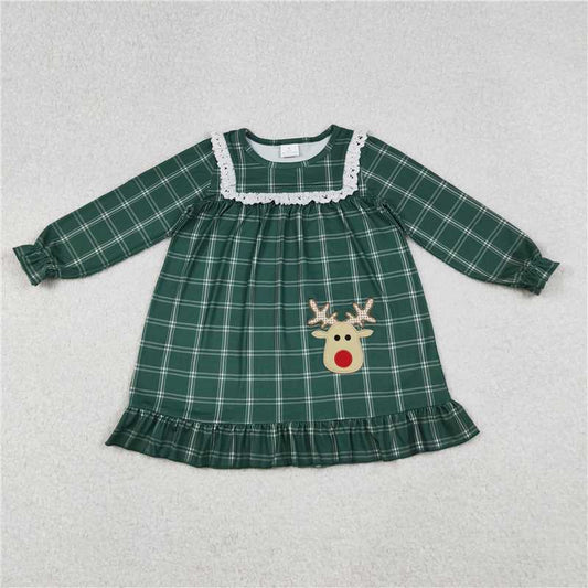 X107  GLD0561 Embroidered Christmas Reindeer Green Plaid Long-Sleeved Dress