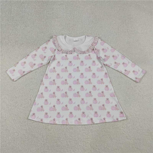 X107  GLD1157 Pink and white long-sleeved dress with pumpkin and puppy lace and a baby doll collar