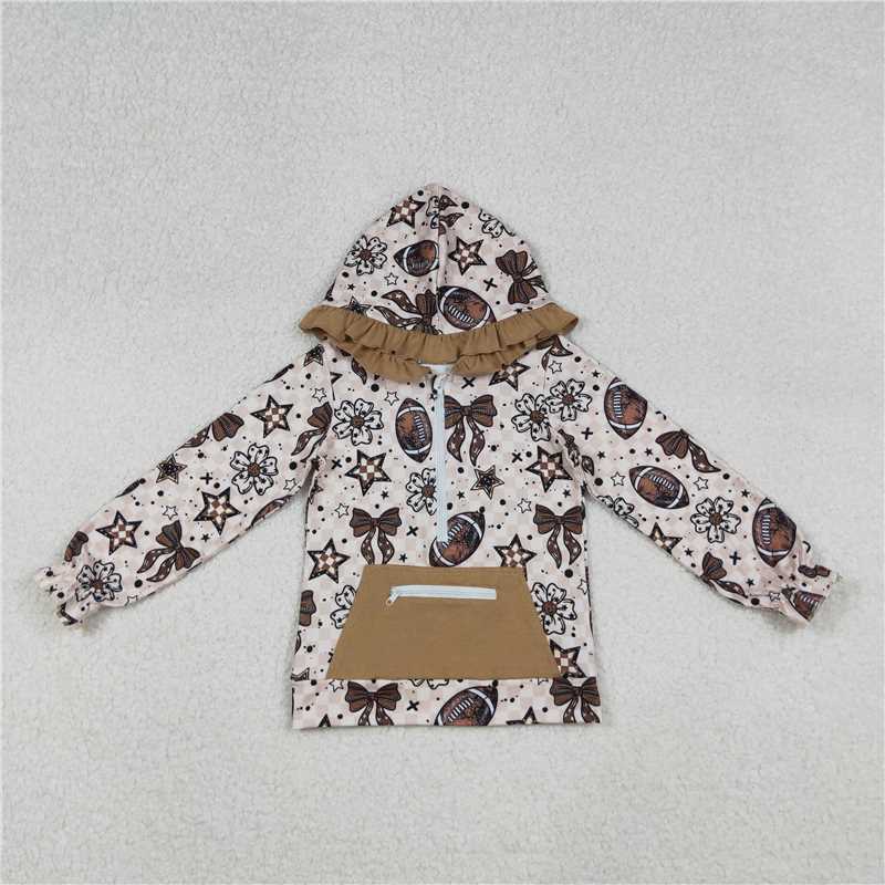 X107  GT1152 Brown plaid zip-up pocket hooded long-sleeved top with rugby star and bow pattern