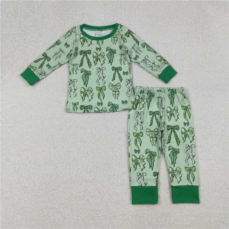 X106 GLP2840 Green bow pattern long-sleeved and long-pants pajama set