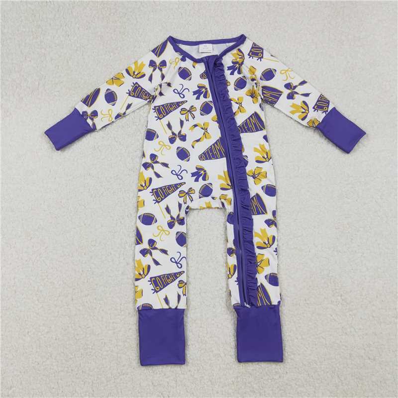 X107 LR2513 Football flared bow pattern purple lace zippered long-sleeved bodysuit