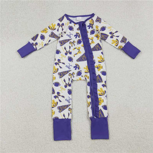 X107 LR2513 Football flared bow pattern purple lace zippered long-sleeved bodysuit