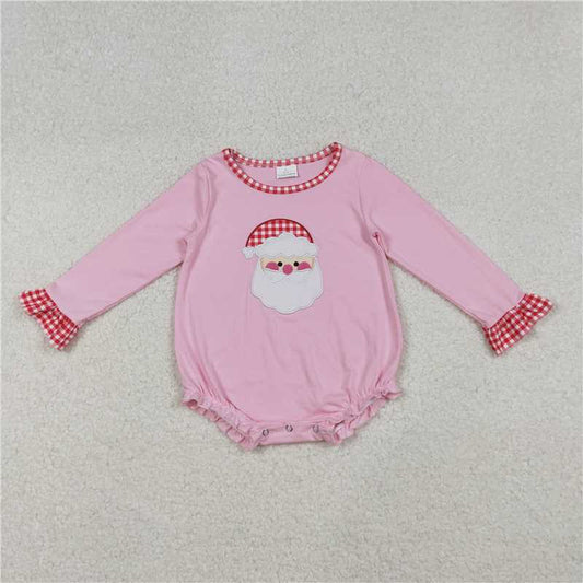 X108  LR1733 Pink long-sleeved bodysuit with embroidered Santa Claus and red plaid trim