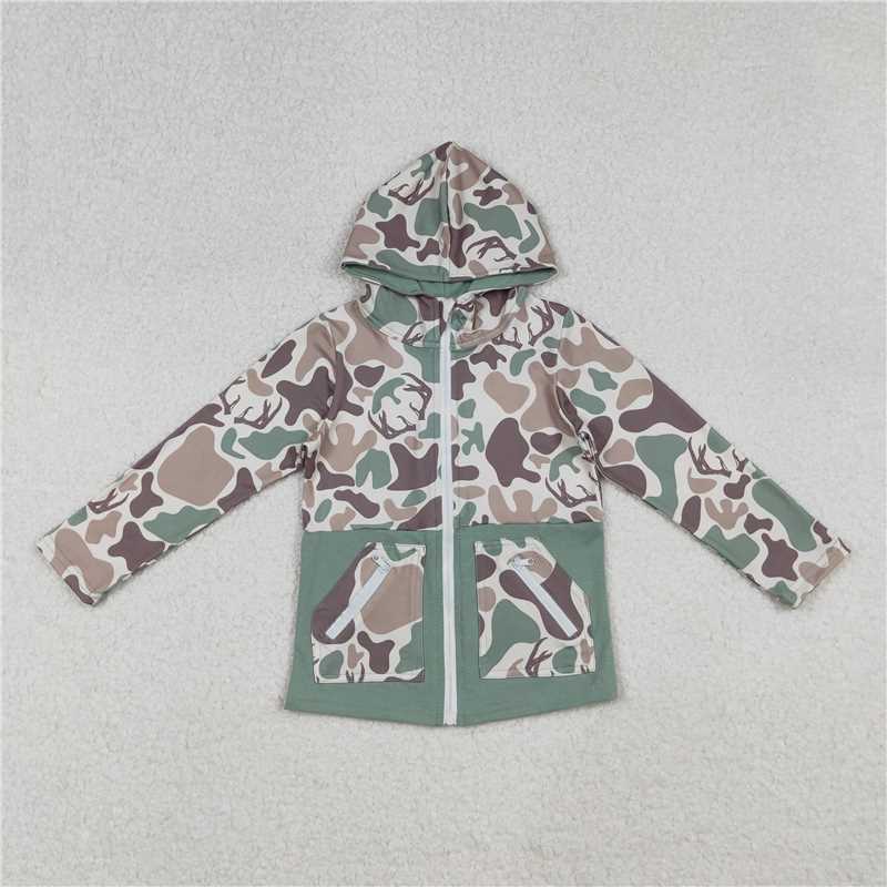 X11.11 BT1335 Antler Brown-Green Camouflage Zipper Pocket Hooded Long-Sleeved Top