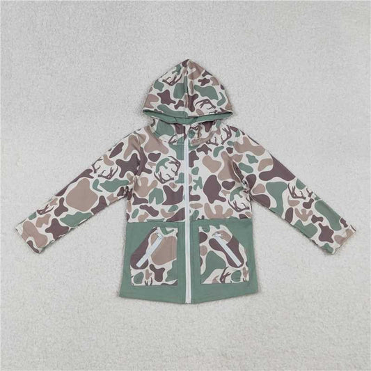 X11.11 BT1335 Antler Brown-Green Camouflage Zipper Pocket Hooded Long-Sleeved Top