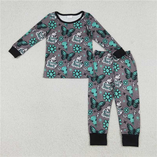 X12.25 GLP3254 Mama's Cowgirl Gem Butterfly Alpine Bull Head Grey Long-Sleeved Pants Pajama Set