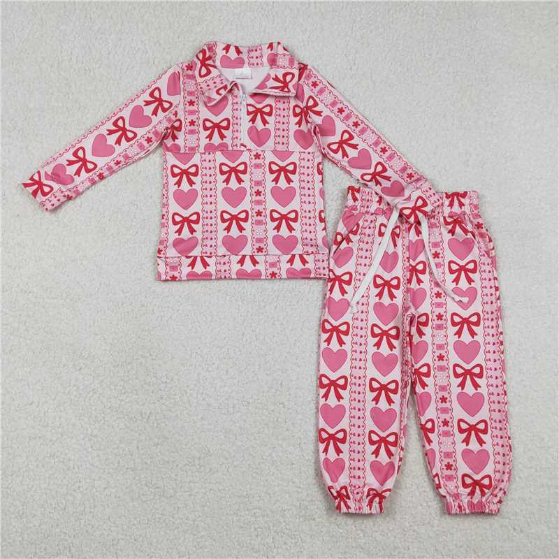 X12.25 GLP3236 Pink Zipper Long-Sleeve and Pants Set with Heart-Shaped Bow Pattern and Wavy Stripes