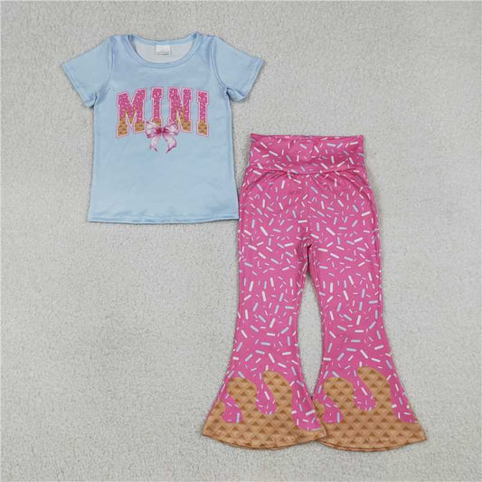 X1.7  GSPO2107 MINI Bow-Tie Blue Short-Sleeve Rose Red Waffle Gown Ice Cream Pants Set