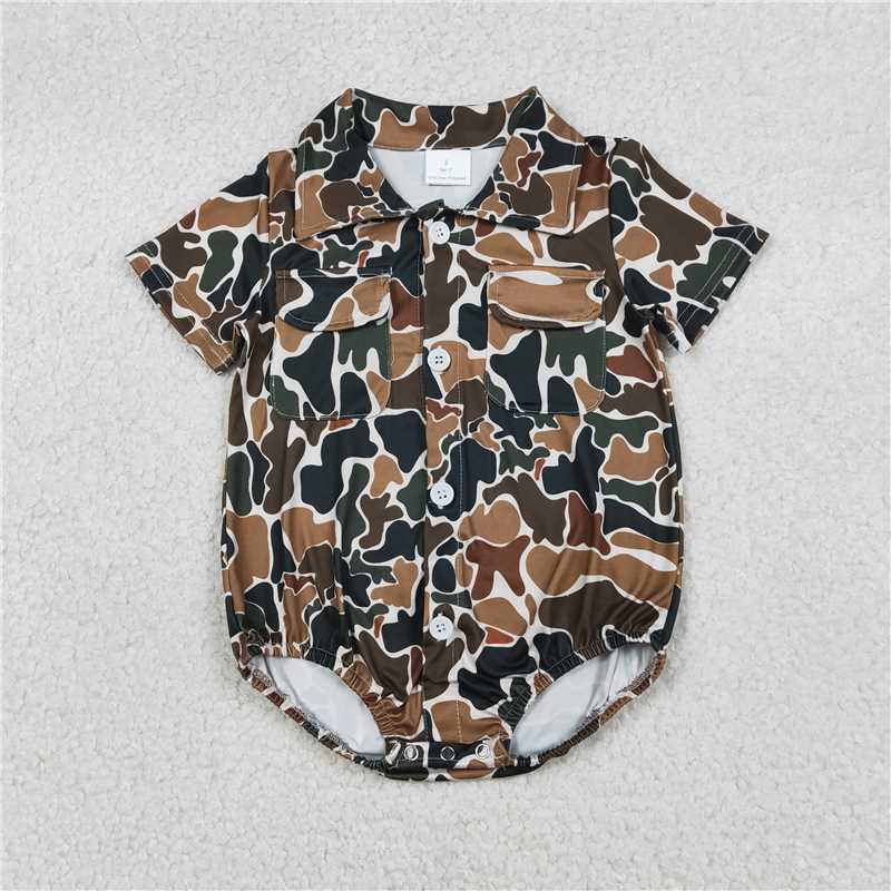 X1.2  SR3656 Brown-green camouflage beige pocket button collar short-sleeved jumpsuit