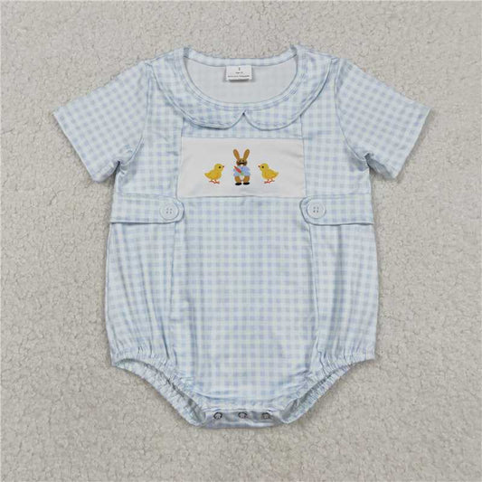 X12.26  SR3566 Easter Chicken and Bunny Blue Plaid Peter Pan Collar Short-Sleeve Jumpsuit