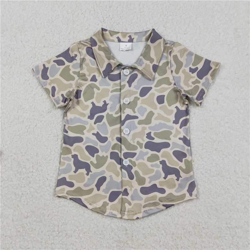 X12.31  BT1563 Puppy Gray-Green Camouflage Button Short-Sleeve Top