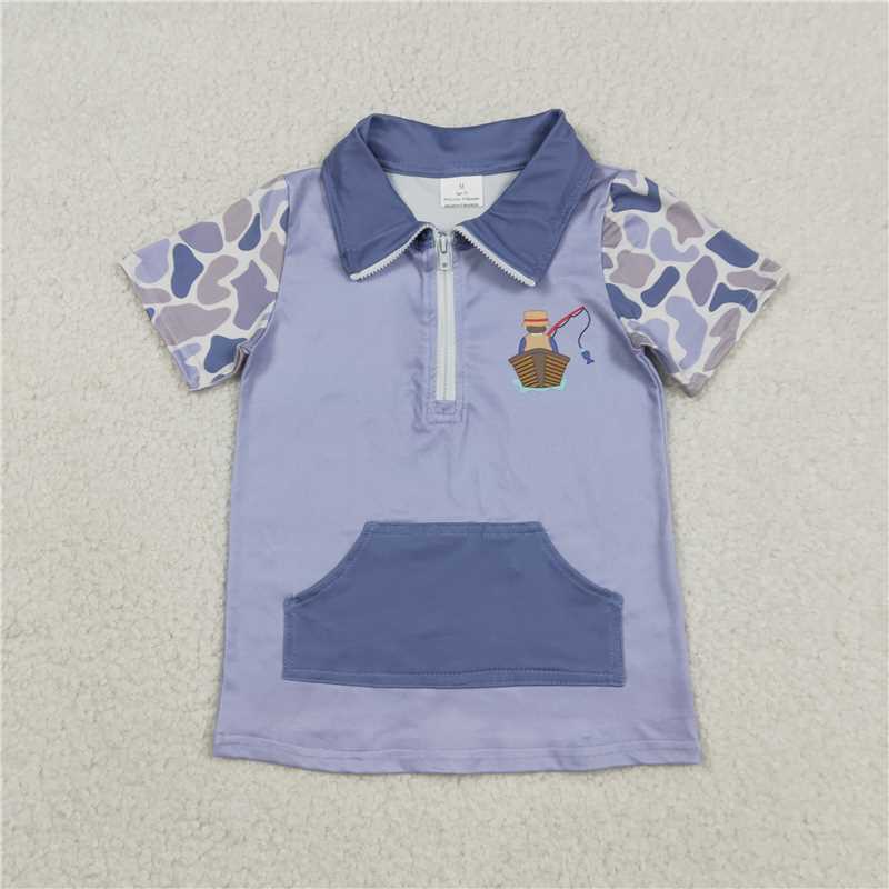 X12.31 BT1533 Fishing Boat Camouflage Gray-Blue Zipper Short-Sleeve Top