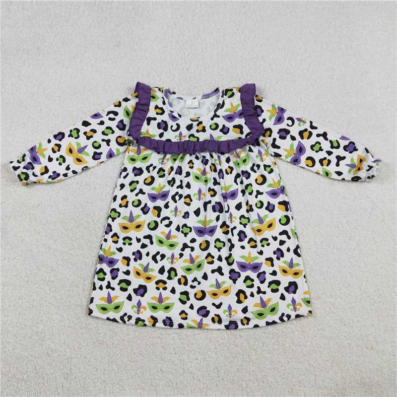 X12.26  GLD1319 Carnival Mask Leopard Print Purple Lace White Long-Sleeved Dress