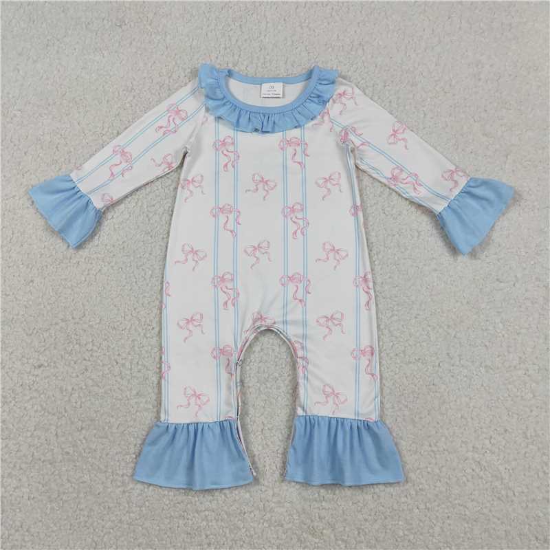 X12.29  LR2845 Pink bow pattern blue striped white long-sleeved jumpsuit