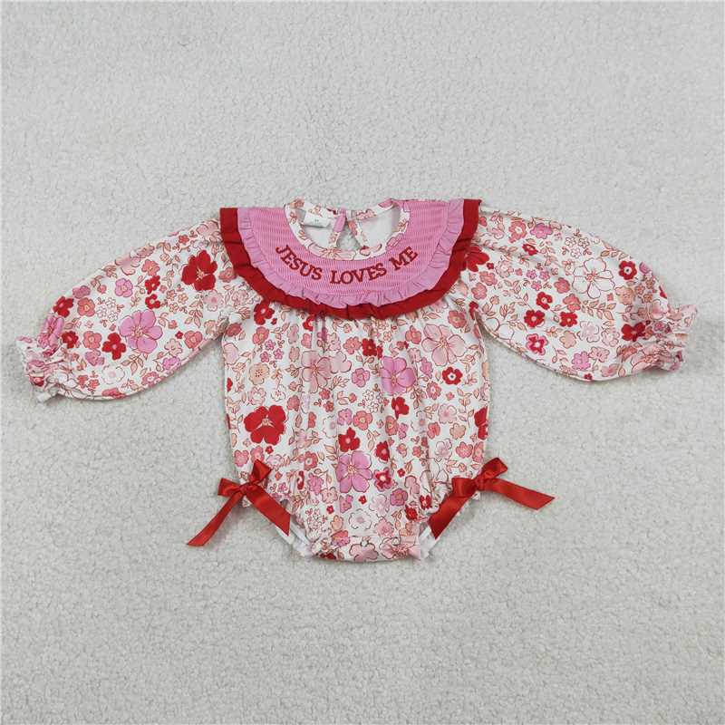 X12.27  LR2769 Embroidered "Jesus Loves Me" Pink Lace Floral Long-Sleeved Jumpsuit