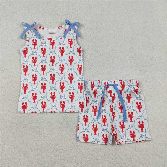 X1.9  GSSO3005 Blue Crayfish Bow Pattern Plaid Sleeveless Shorts Set