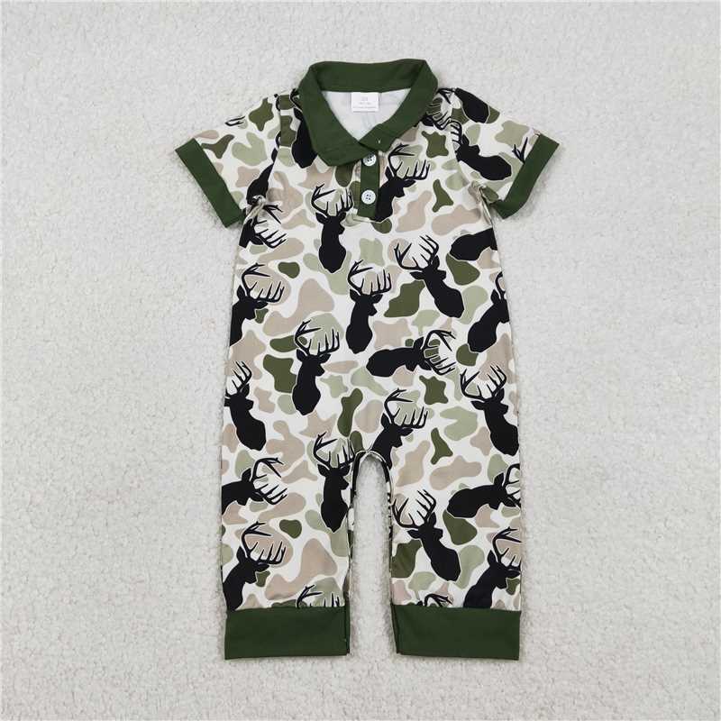 X1.2  Reindeer camouflage beige button-down collar short-sleeved jumpsuit