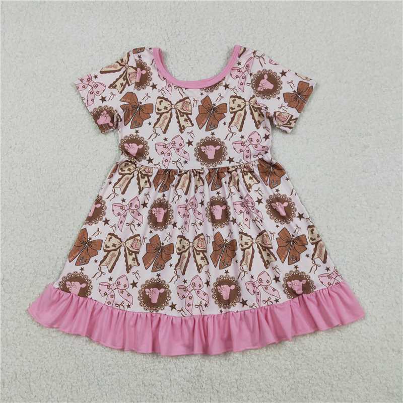 X1.7  GSD3384 Pink Lace Short-Sleeve Dress with Bull Head, Star, and Bow Pattern