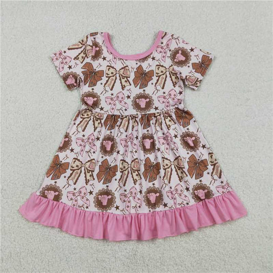 X1.7  GSD3384 Pink Lace Short-Sleeve Dress with Bull Head, Star, and Bow Pattern