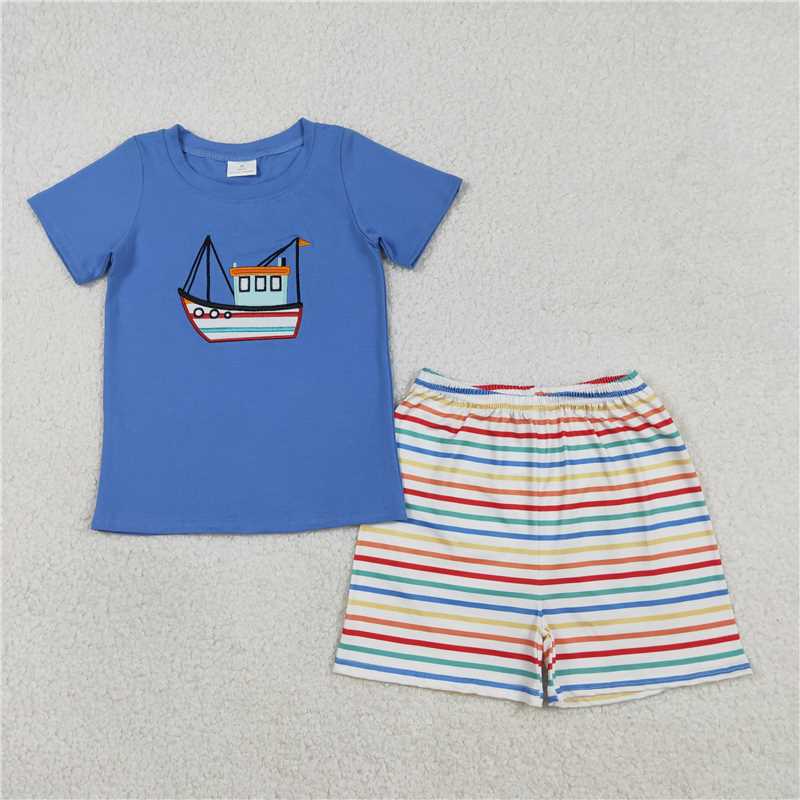 X1.10 BSSO1754 Embroidered Ship Blue Short-Sleeve Colorful Striped Shorts Set