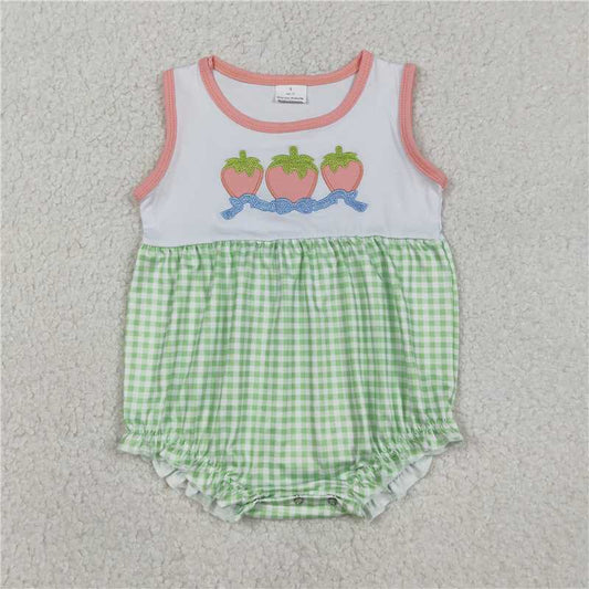 SR3725 Embroidered Strawberry Bow Pattern Green Plaid Vest Jumpsuit