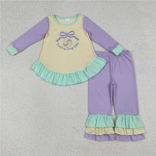 GLP2979 Embroidered Sweet as King Cake Bow Pattern Lace Long-Sleeved Trousers Set