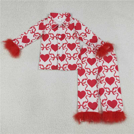 X1.19 GLP3221 Heart-patterned long-sleeved pajama set with red fur trim
