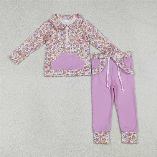 X1.19  GLP3281 Colorful Floral and Leaf Purple Pocket Zipper Long-Sleeve Pants Set